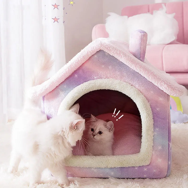 Foldable Cat House Sleep Bed Warm Cave Dog Kennel Removable Cushion Cave Soft Washable Huts Sofa for Cats Kittens Puppy Nest
